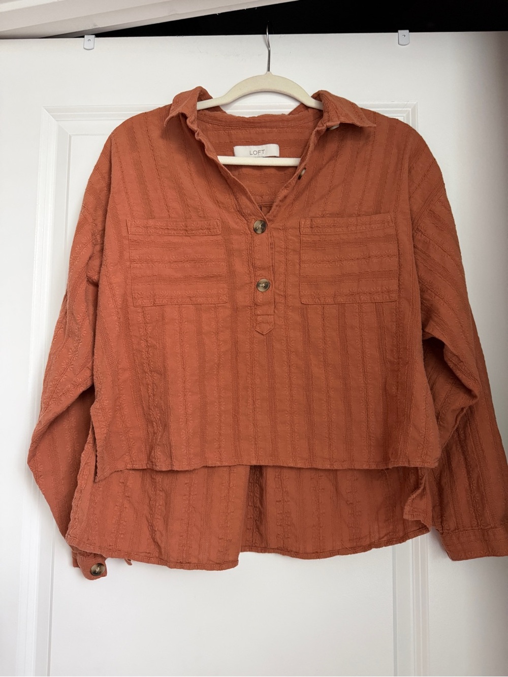 LOFT 100% Cotton High Low Long Sleeve Rust Top